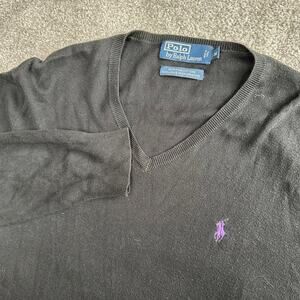 Polo Ralph Lauren V Neck Black Sweater Size Medium 100% Pima Cotton Preppy 90s